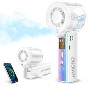 Portable Handheld Fan with Cooling Mist, 30000 RPM High Speed Turbo Personal Fan with Adjustable Speeds, 3000mAh Rechargeable Mini Misting Fan with LED Display for Travel Outdoor Makeup, white