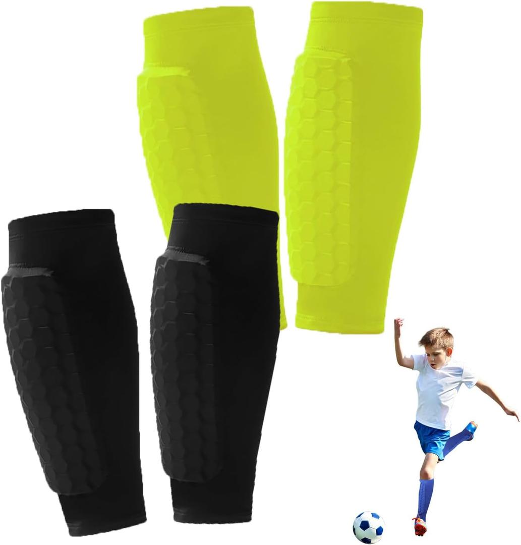 2 Pairs Soccer Shin Guards for Kids Youth Adult,Shin Guards Soccer Calf Compression Sleeve with Honeycomb Pads,Lightweight Shin Protector Support for Baseball MTB FootballBoys Girls Protective Gear (Small, Black+Green)