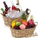 Domensi Set of 2 Small 3 Gallons Ice Bucket with Wicker Outer Basket Handle Beverage Tub Grass Rope Woven Farmhouse Galvanized Bucket for Party Seaside Bar Buffet Wine Beer Bottle, 15.5 x 9.2 x 6.1 in