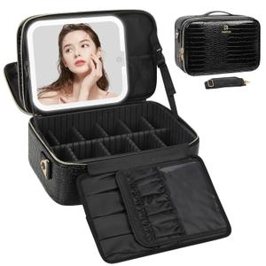 Relavel Makeup Bag With LED Mirror, 2-Layers Travel Cosmetic Bag with Removable Partitions, Large Capacity Makeup Train Case Organizer Box for Women with Lighted Mirror, Crocodile (04-Crocodile Black)