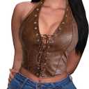 Verdusa Women's Sexy Corset PU Leather Halter Tops Backless Lace Up Crop Going Out Tops Rave Outfits (Large, Brown)