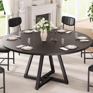 Jocoevol 51 Round Kitchen Dining Room Table for 6-8, Circle Dining Dinner Table with Pedestal Metal Frame, Space Saving Wood Industrial Furniture for Small Space (Black, 51In)