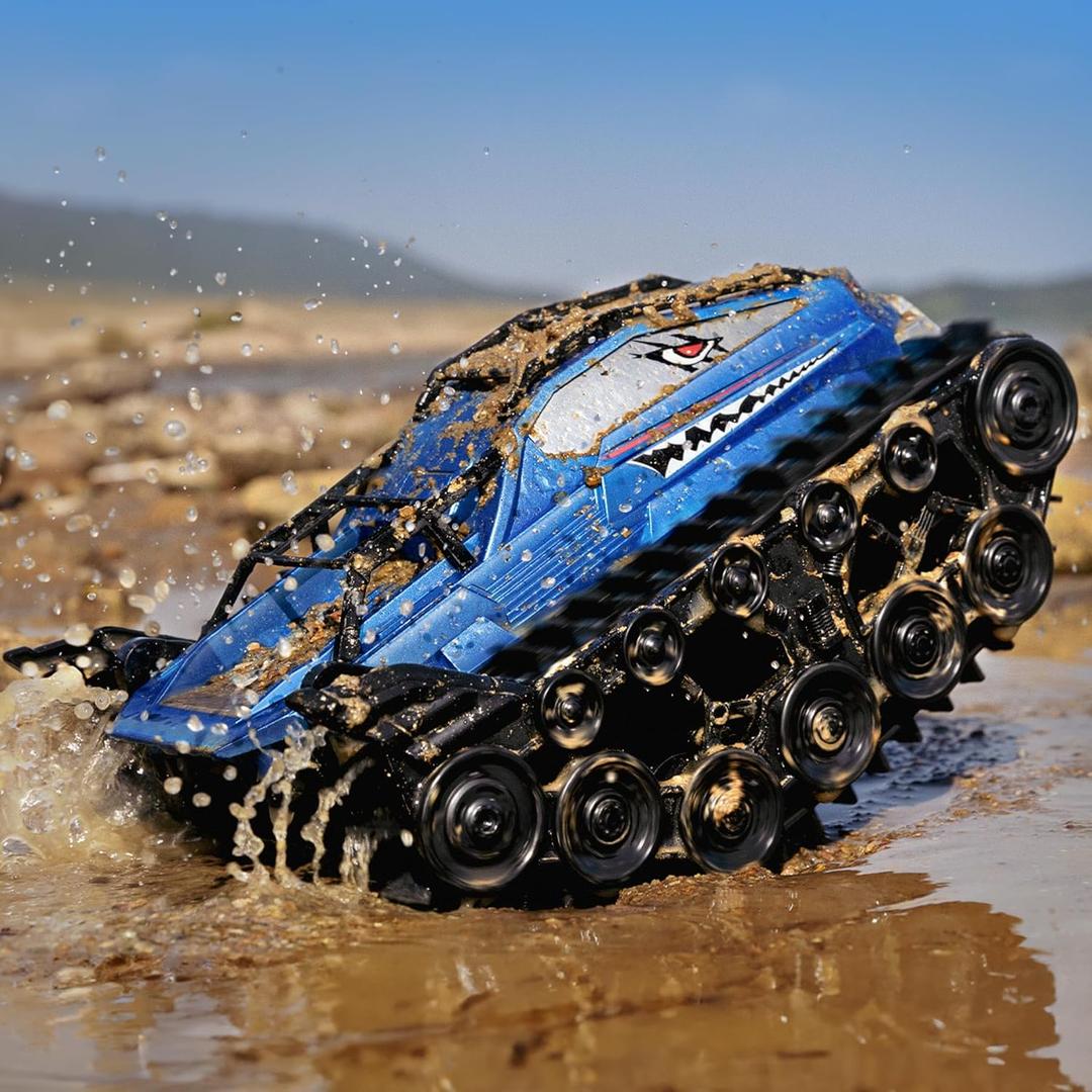 Ruko 1604 Amphibious Remote Control Car, Waterproof Shark Monster Truck, 360 Rotating Tank, Full Throttle, Cool Tricks Track Toys for Age 6 7 8 9 10 Year Old Boys Girls Birthday Gifts, Blue