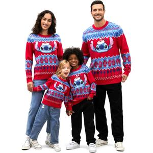 Disney Stitch Christmas Family Matching Snow Sweater Funny Holiday Long Sleeve Crew Neck Pullover Tops Festival Party Sets (8-9 Years, Red)