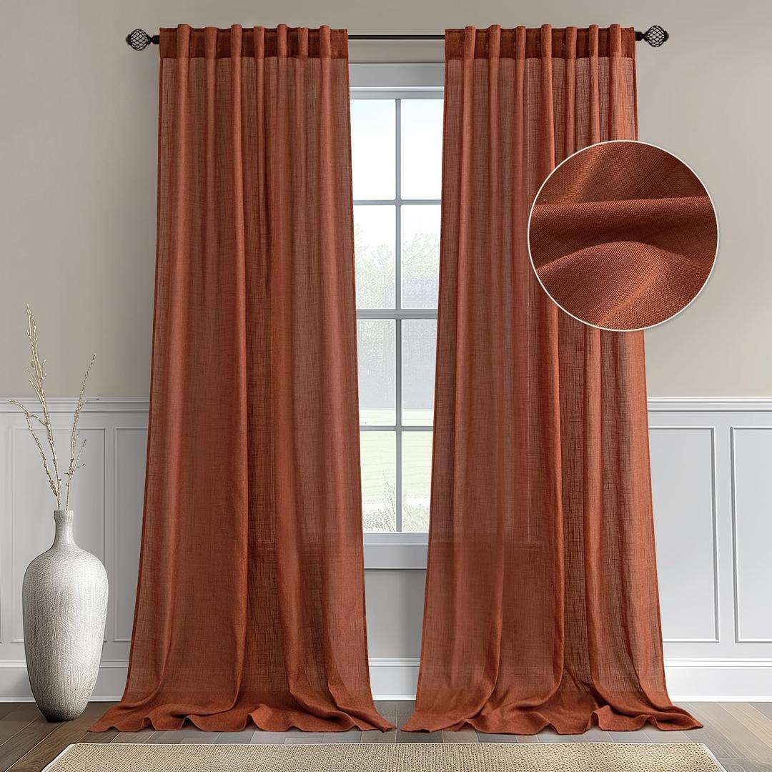 MIULEE Linen Curtains 84 Inch Length for Living Room 2 Panels, Burnt Orange Rust Rod Pocket Back Tab Light Filtering Semi Sheer Soft Linen Window Fall Drapes Farmhouse Curtains for Bedroom (52"W x 84"L (Pack of 2))