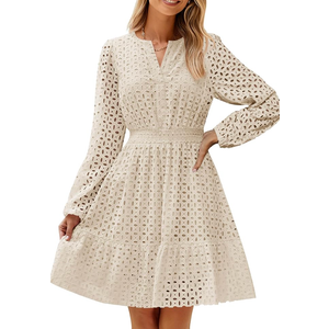 Caracilia Womens Dresses Long Sleeve V Neck Eyelet Hollow Out Fall Casual Flowy Swing Boho Tiered 2026 Mini Short Dress Large