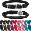 BRONZEDOG Rolled Leather Dog Collar for Small Medium Large Dogs with QR ID Tag (L: 16-18 Inch, Glossy Black)