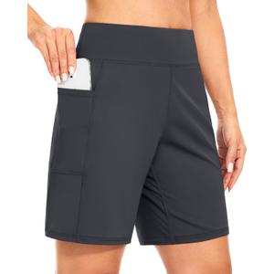 Blouty Women's 7" Bermuda Shorts with Pockets High Waisted Stretch Athletic Long Shorts for Women Workout Casual (Large, Dark Grey)