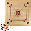 Carrom Board Game - Wooden Strike and Pocket Game Set with Group of Black and Beige Coins, 2 Red Queen Coins, Striker Coin, and Cue Sticks by Hey Play, 26 inches by 26 inches by 0.75 inches