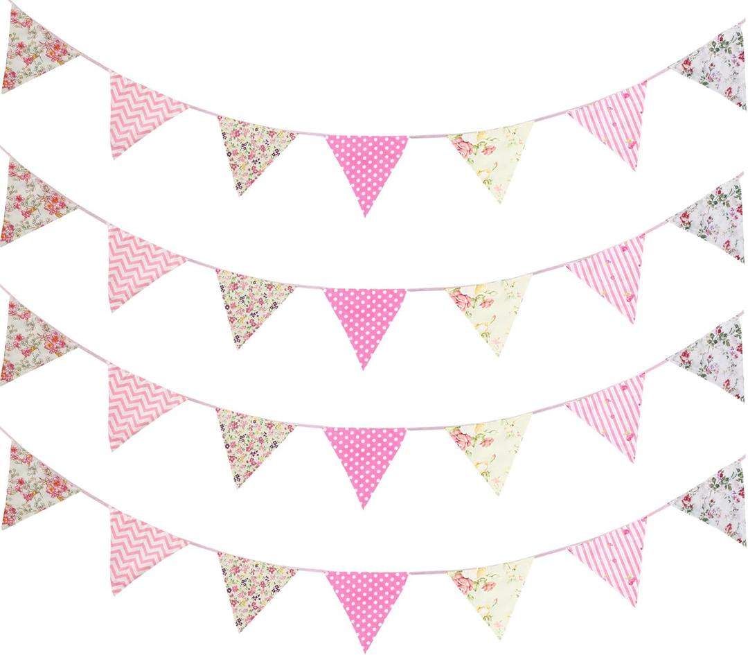 Zwiebeco 32Ft Pink Floral Fabric Bunting Triangle Flags Cotton Flower Pennant Banner Decoration for Birthday Wedding Engagement Baby Shower Tea Party Spring Rustic Village Home Garden Decor