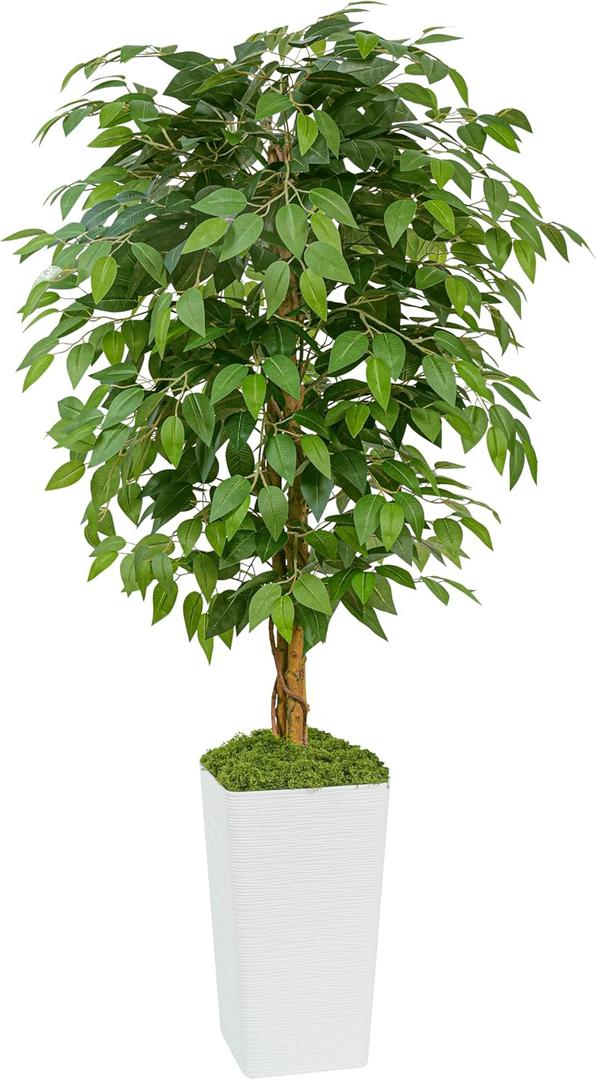 Artificial Ficus Tree 5FT Faux Floor Tree with Planter UV Resistant Potted Fake Silk Plant, Real Wood Trunk-Indoor Outdoor Lifelike Fake Ficus Tree for Home, Living Room Bedroom Topiary Tree (White)