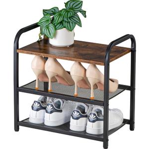 RUNJIMY 3Tier Wooden Shoe Rack with Metal Mesh Shelves  for Entryway, Closet, Hallway & Bedroom Holds 6 Pairs, Ideal for Storage or Display