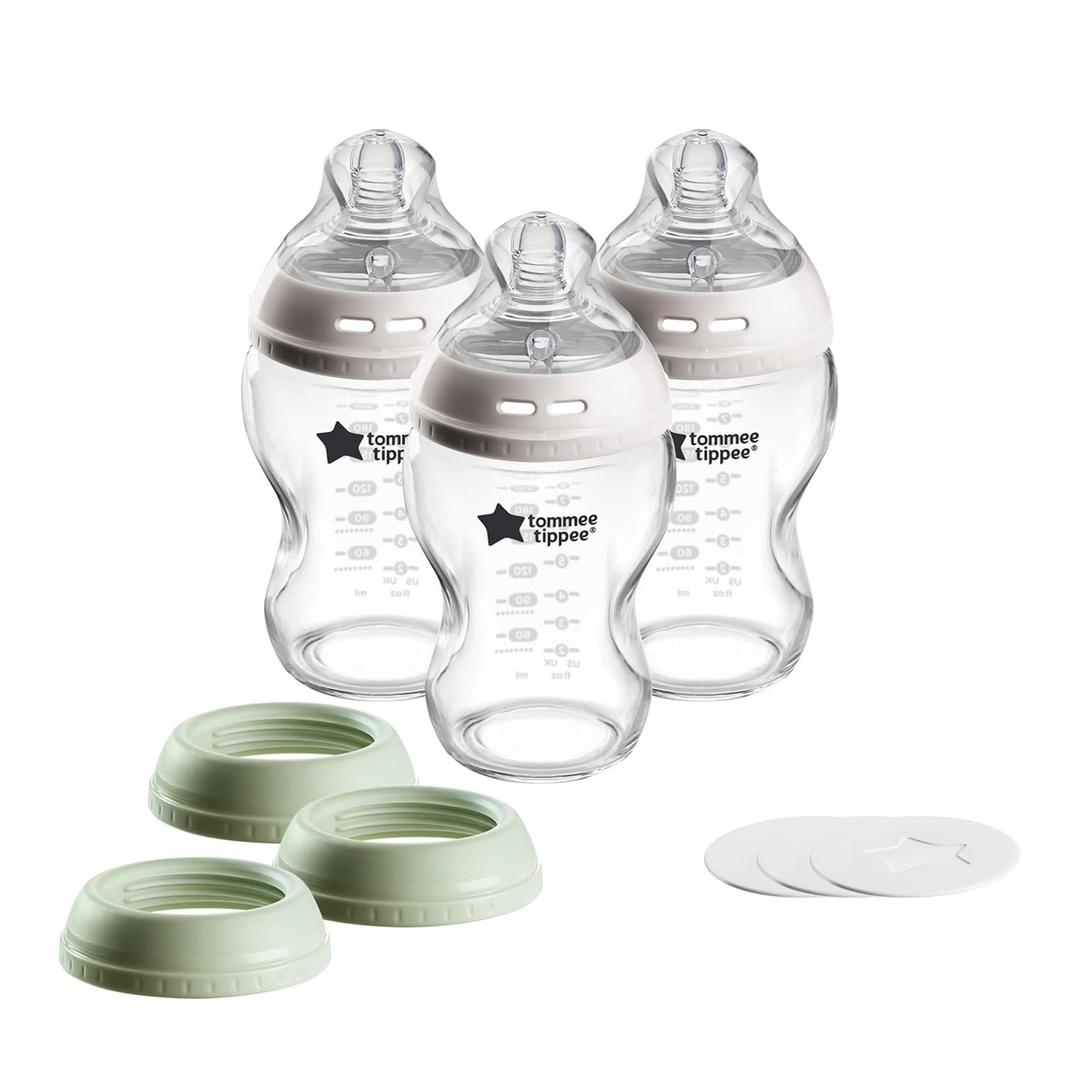 Tommee Tippee Natural Start 9 oz Glass Baby Bottles, Self Sterilizing, BPA & Phthalates Free, 0+ Months, Slow Flow Breast-Like Nipple for a Natural Latch, Travel Jar Lids, Cup Rings, Pack of 3