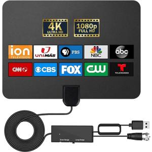 TV Antenna Indoor - Local Channels Digital TV Antenna - Supports 4K 1080p - with Signal Booster - Remote Reception Antenna for Smart TV and Old TVs - 16ft HDTV Coaxial Cable (Black) (Flat thin style)