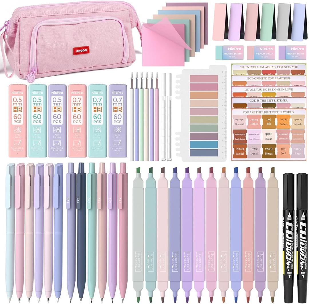 Nicpro 71PCS Bible Study Supplies, Bible Journaling Kit with Pencil Case, Highlighters, Pens, Mechanical Pencils, Sticky Notes & Tabs, Book Aesthetic Annotation Kit for Students Women Christian Gifts