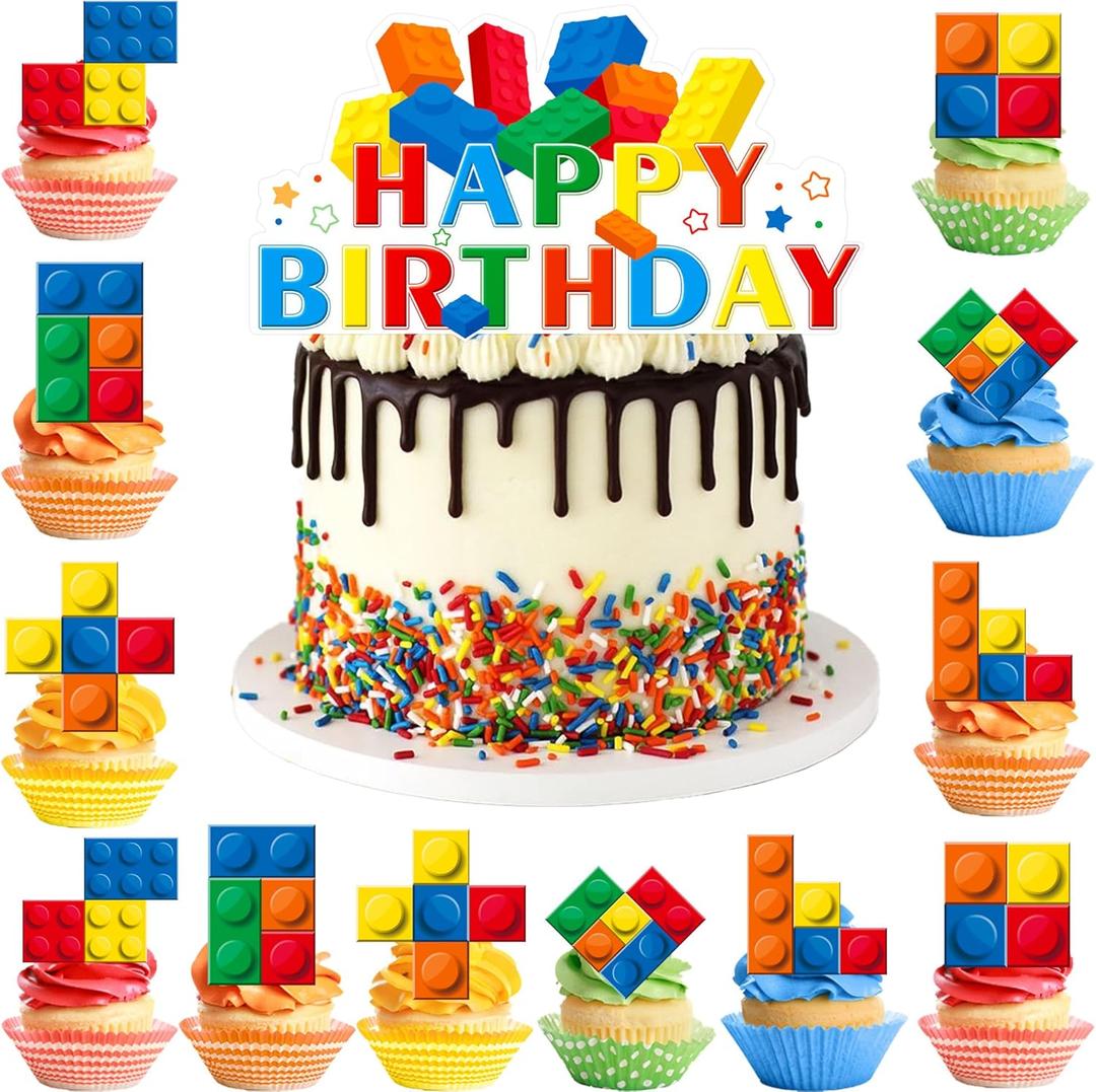25 Pcs Building Blocks Cake Toppers Set, 24 Pcs Block Birthday Party Cupcake Toppers 1 Pcs Cake Topper Cake Decorations for Building Block Building Party Decoration