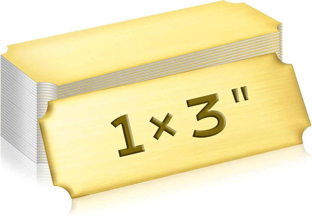 Therwen 30 Pcs Name Plates Laser Engraved Brushed Stainless Steel Plate Personalized Plaque Blank Custom Name Tag Frame Label with Adhesive Backing(Gold Notched Corner, 1''x 3'')