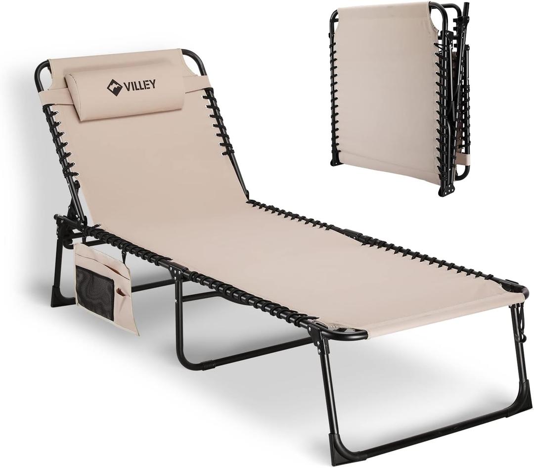 VILLEY Oversized Chaise Lounge Chair, Heavy-Duty Folding Outdoor Lounge Chair with 5 Adjustable Positions, Portable Trifold Beach Lounger for Patio, Beach, Lawn, Backyard, Camping Beige