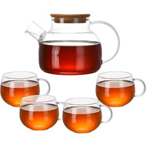 WHOLE HOUSEWARES Glass Teapot Set - Borosilicate Tea Kettle with Bamboo Lid and 4 Crystal-Clear Mugs - Dishwasher & Microwave Friendly - Tea Lovers Gift - (Set of 5)