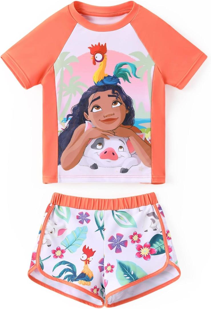 Disney Frozen Elsa Princess Girls Two Piece UPF 50+ Protection Quick-Dry Short Sleeve Swim Sets Rashguard Bathing Suit 5-6Y