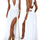 XinFSh Women's Halter V Neck Wedding Guest Maxi Dress Sexy High Slit Bow Tie Beach Vacation Long Formal Dresses, Size M