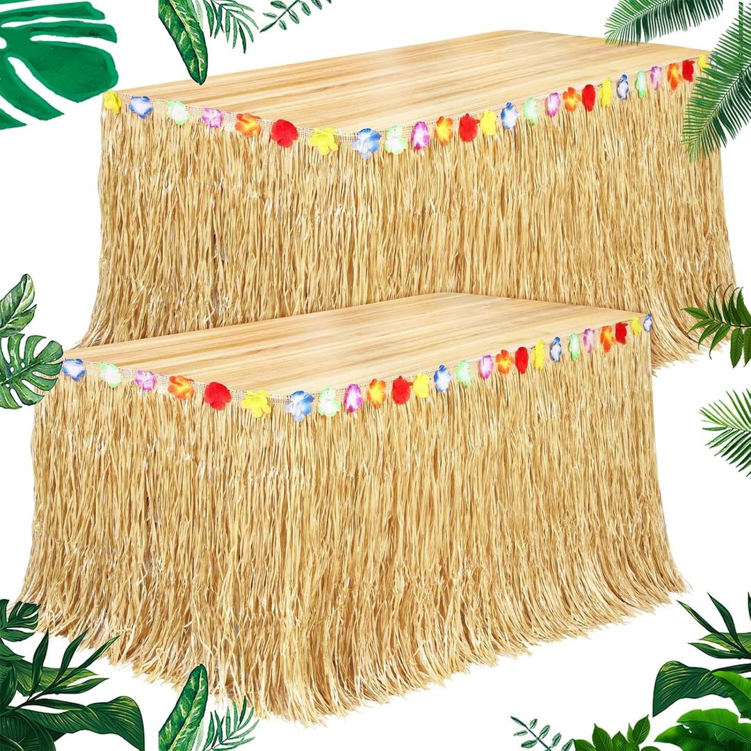 2 Pack Luau Grass Table Skirt Hawaiian Themed Party Decorations Natural 9 Feet x 29.5 Inch Table Skirt Flower Tropical Hula Dance Parties Supplies for Tropical, Hawaiian Themed, Birthday Party