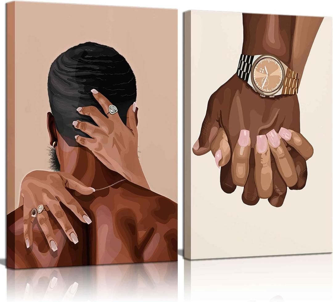 2 Pcs Afro Black Couple Canvas Wall Art African American Women Men Black Love Pictures Wall Decor Black Girl Poster Print Artwork for Bedroom Living Room Bathroom Office Home Decoration,  12x16in-Canvas