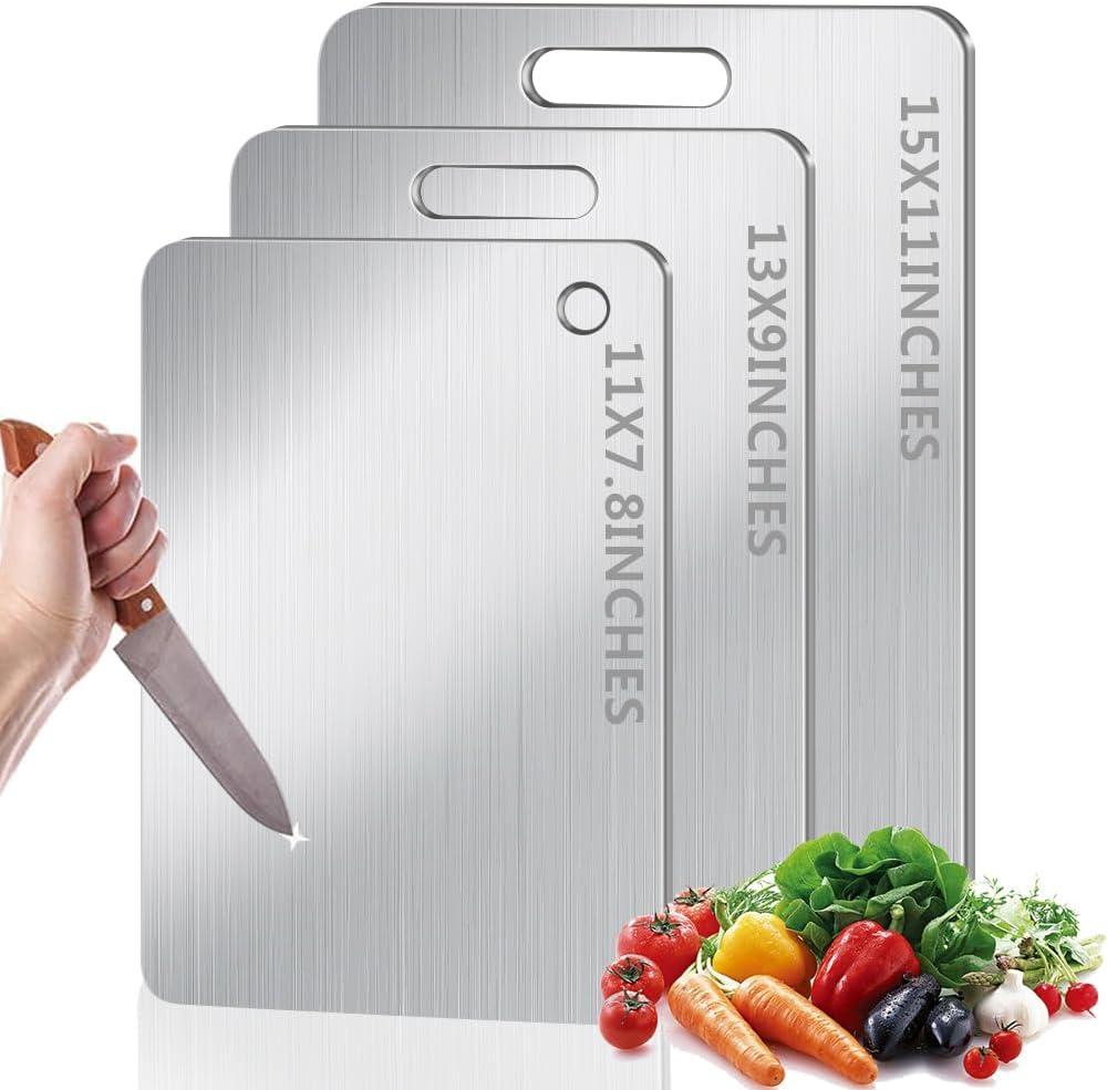 Titanium Cutting Board Set of 3, 100% Pure Titanium Cutting Boards for Kitchen, Upgrade Double Sided Food-Grade Chopping Board for Meat Cheese Vegetable