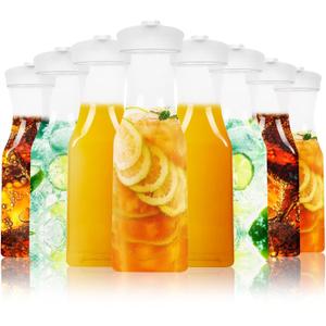 Set of 8 Plastic Carafe with Lid, 1 Liter Carafes for Mimosa BarLarge Square Base Juice Containers, Water Bottle, Milk Container, Clear Beverage Containers for Fridge