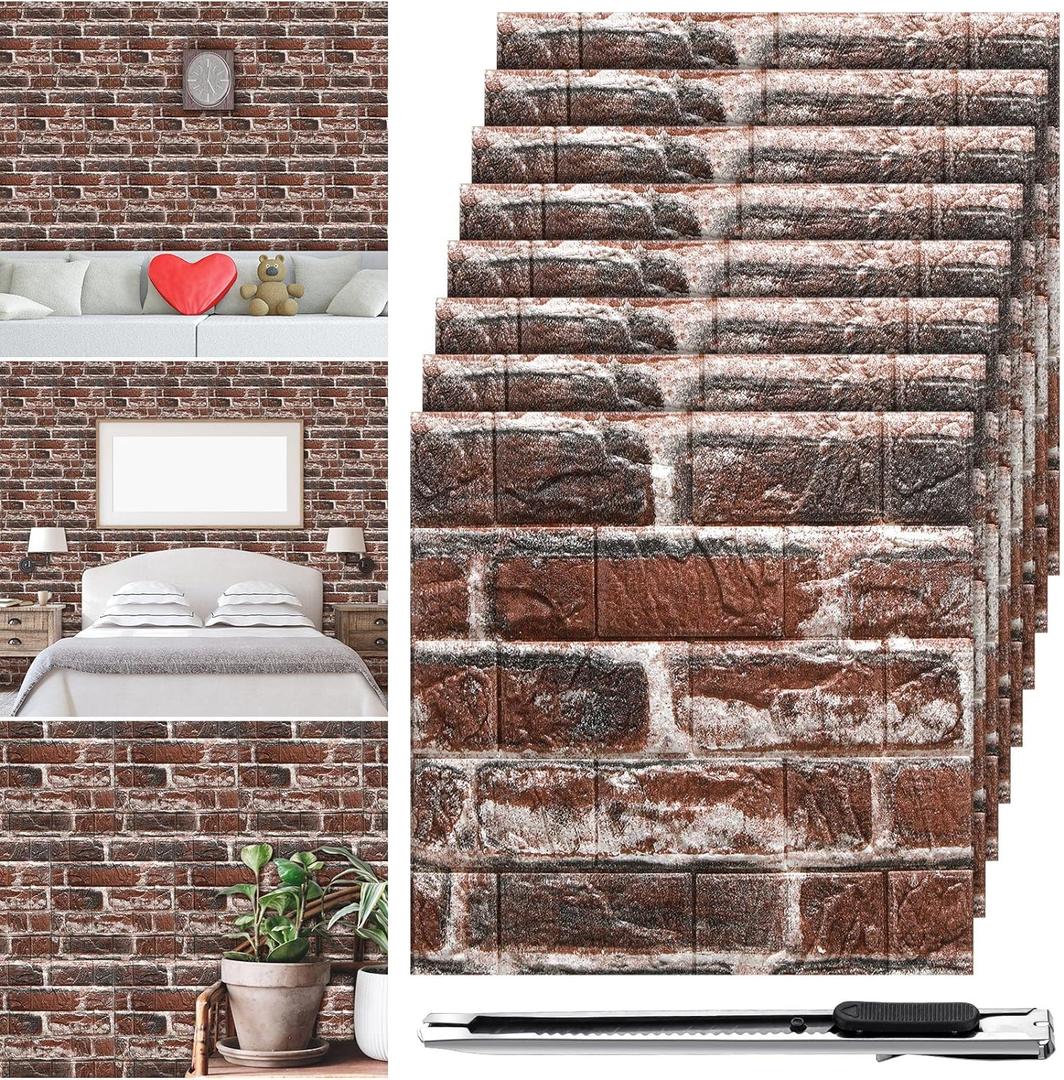Tinlade 30 Pcs 28.81 Sq ft 3D Wall Panels Peel and Stick Foam Brick Wallpaper Printable Faux Brick Wall Panels Decorative Self Adhesive Tiles Waterproof(Red Brick)