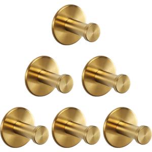 Bath Towel Hooks, 6 Pack Self Adhesive Coat Hooks, Sturdy No Drilling Robe Hook, SUS 304 Stainless Steel Heavy Duty Clothes Hanger, Wall Hooks for Bathroom Bedroom Kitchen (2 in, Gold)