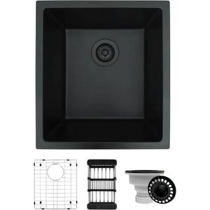 Matte Black Kitchen Sink, 17" x 19" x 10" Black Undermount Bar Sink,10 Inch Depth Small and Deep Kitchen Sinks, 17 x 19 Granite Composite Single Bowl Sinks with Accessories