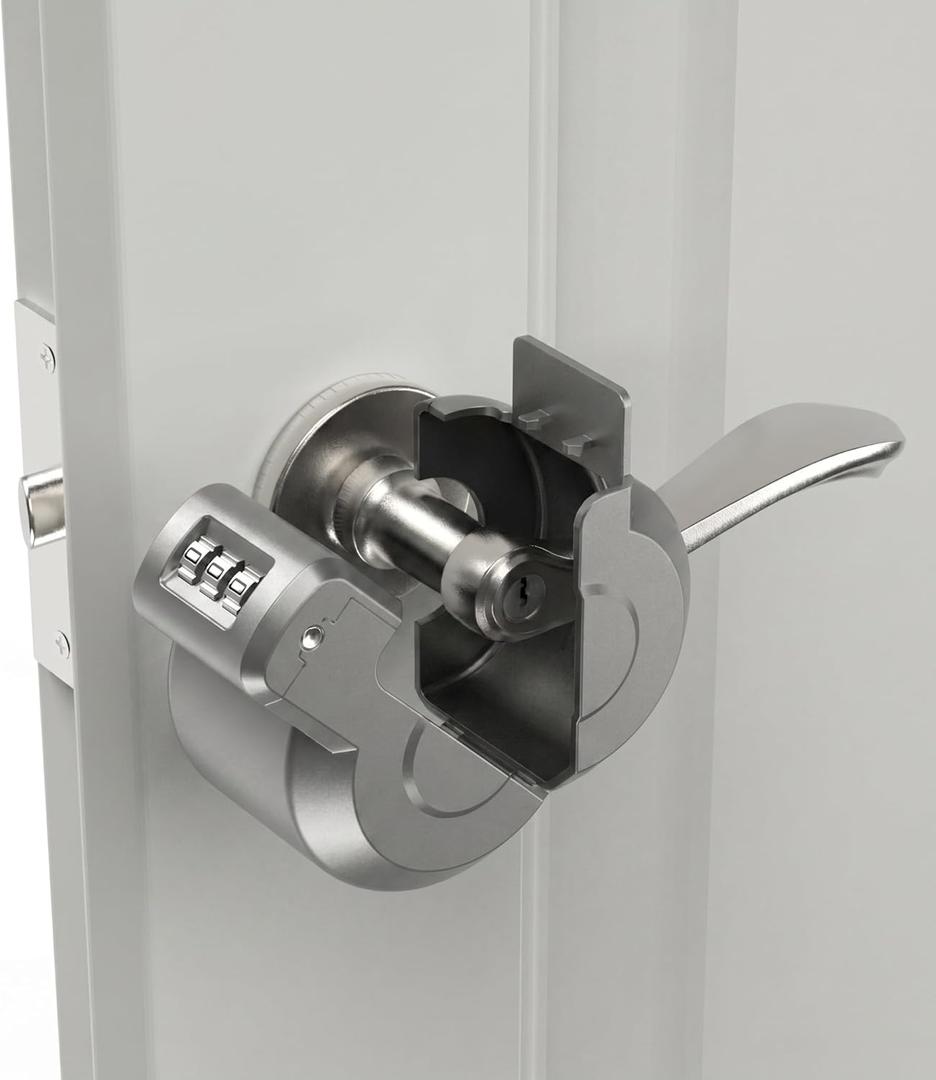 Keyed Door Handle Lockout Device Cover with Code to Disable Access to Keyhole Combination Lock for Bedroom from Outside Only Fits Handle Lock with Long Connecting Shaft (1, Silver)