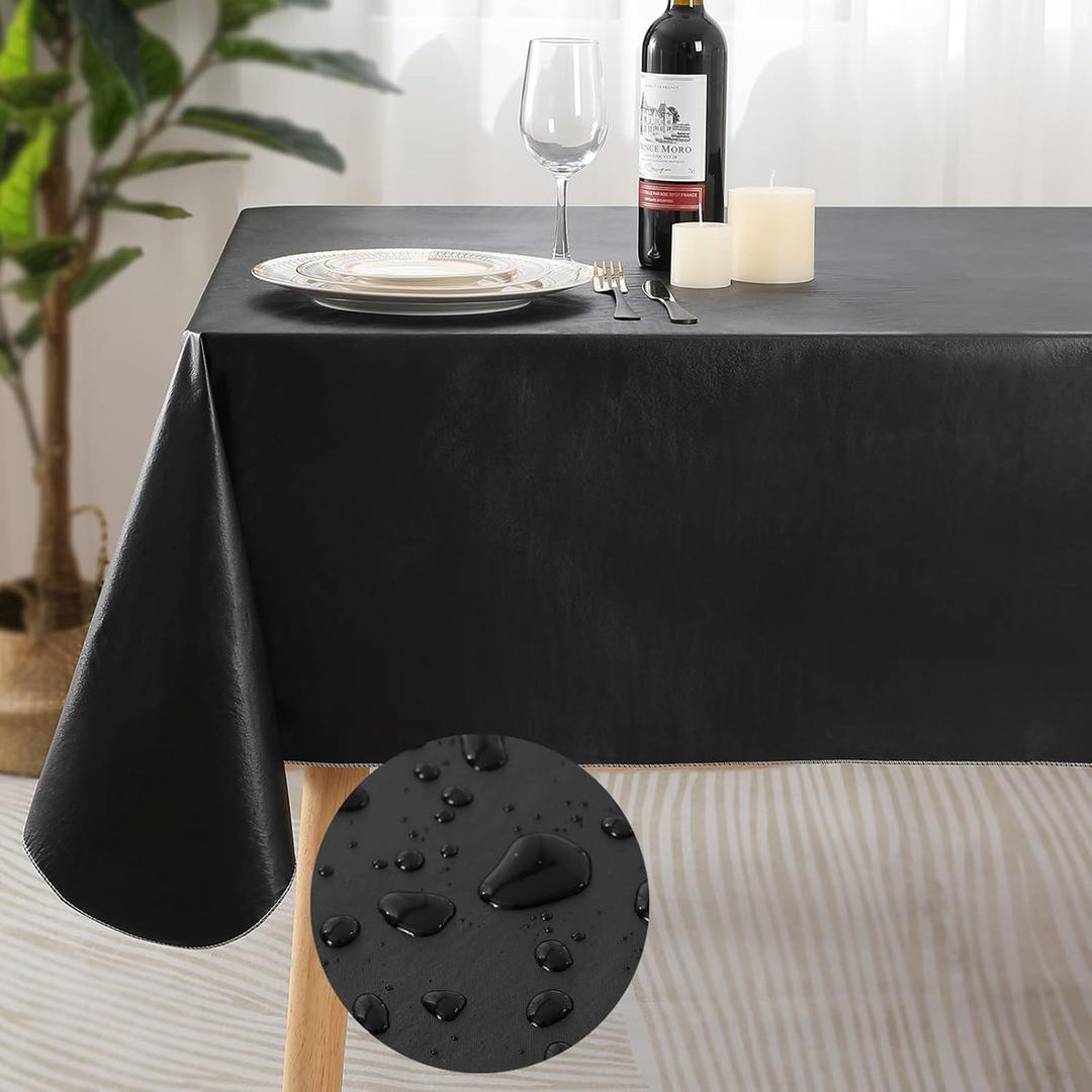 Rectangle Waterproof Vinyl Table Cloth, Flannel Backed Tablecloth, Wipeable Plastic Table Cover for Dinner, Kitchen, Outdoor, (60" x 102", Black)