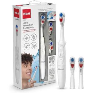 RCA Sonic Revolution Electric Toothbrush for Adults  Battery Powered Sonic Toothbrush with High-Frequency Vibration, Spin Brush Action, Soft Bristles & Extra Brush Heads