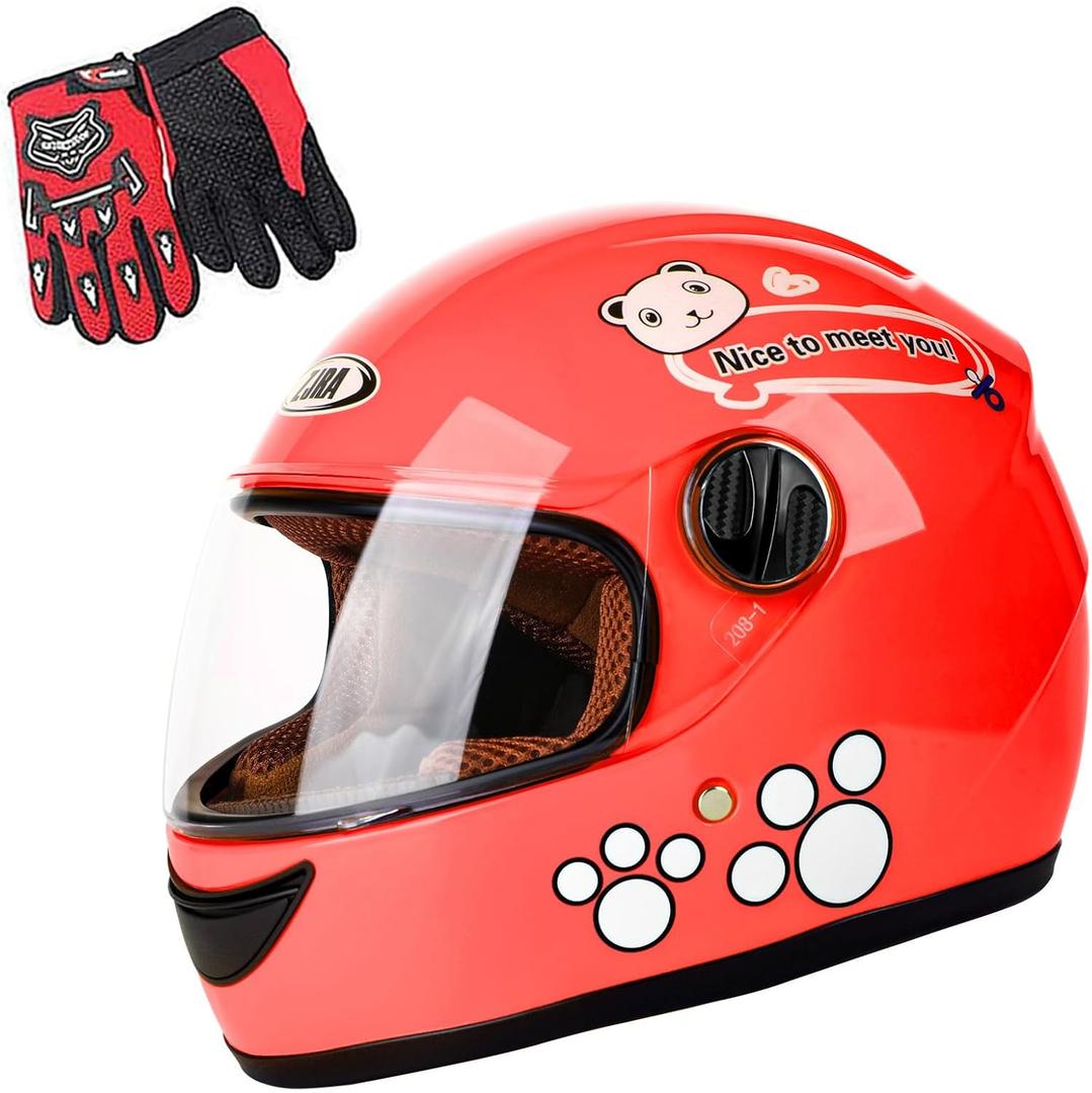 Kids Motorcycle Helmet with Panda Design and Racing Gloves Set, DOT Certification 