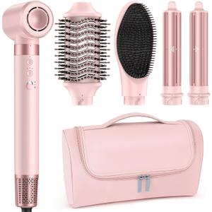 Hair Dryer Brush, 5 in 1 Professional Hot Air Styler, 110,000 RPM High-Speed, Fast Drying - NO Heat Damage Blow Dryer Brush for Curling, Volumizing, and Straightening, with Travel Bag (Pink)