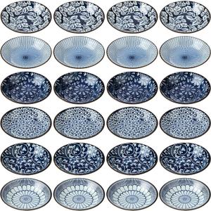 Ramede 24 Pcs Japanese Soy Sauce Dish 3.5 OZ Small Ceramic Dipping Bowls Bulk Mini Side Dishes Vintage Blue Seasoning Porcelain Pinch Bowl Set for Sushi Dip Snack Condiment Appetizer Ketchup BBQ Party