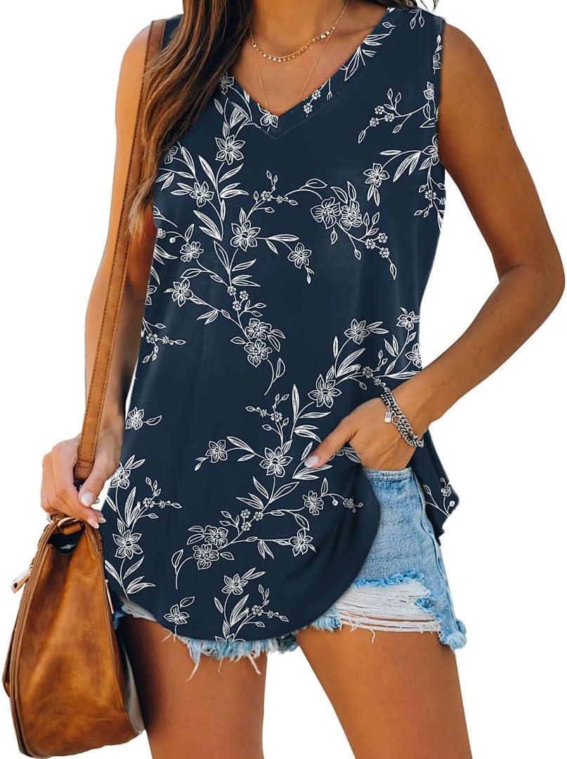XIEERDUO Womens Tank Tops V Neck Basic Solid Color Casual Flowy Summer Sleeveless (3X-Large, 01-Dark Blue Print)