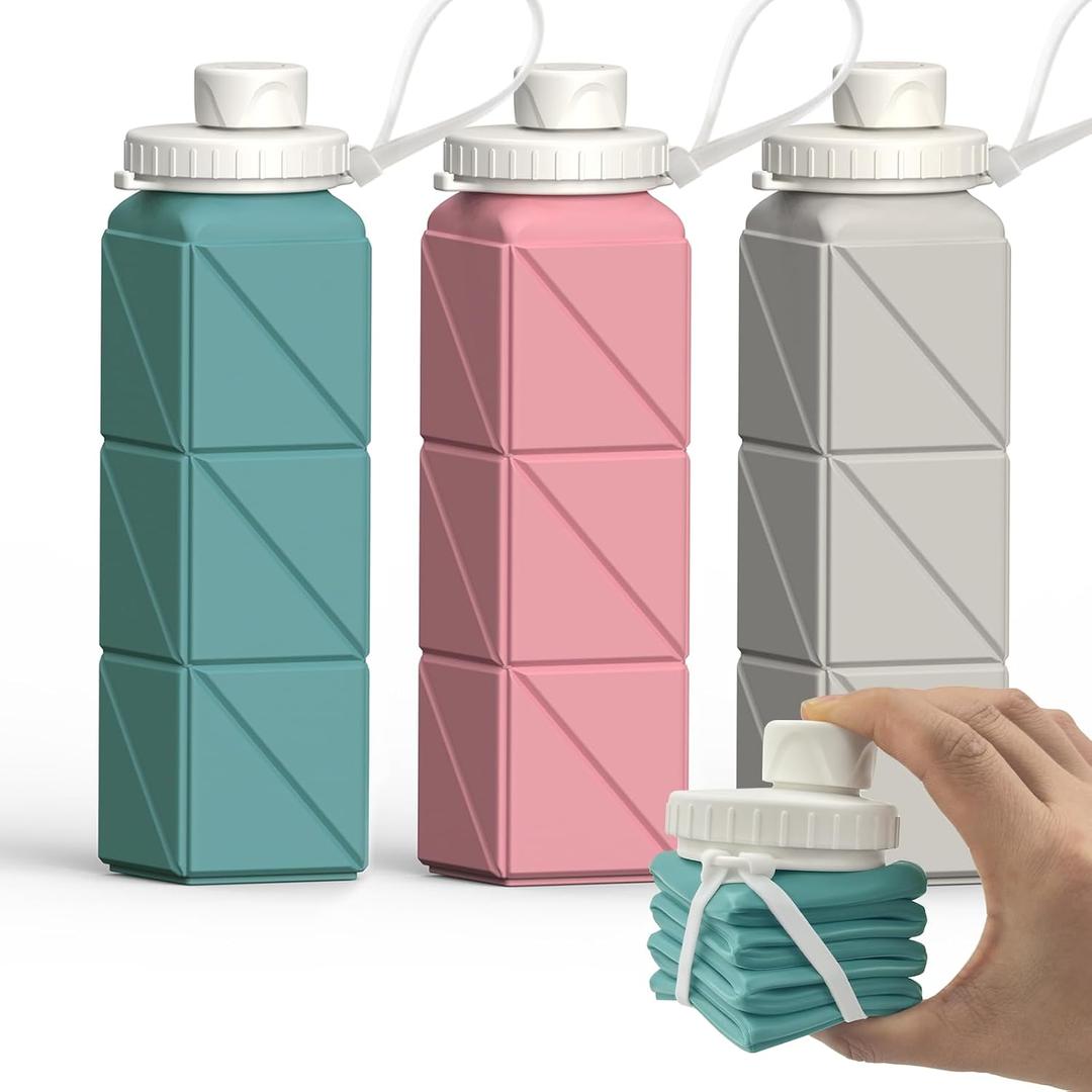 BEAUTAIL Collapsible Water Bottles 20.6oz, Silicone Foldable Portable Travel Water Bottle, Lightweight Reusable Leakproof for Traveling Camping Hiking Cycling Yoga Sports Outdoor, 3-Pack