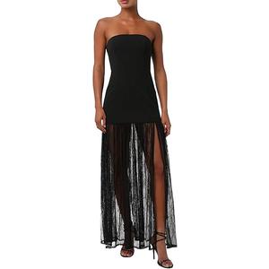 Lulus Lucille Strapless Lace Maxi Dress for Women Elegant Black Formal Maxi Dress with Lace Overlay, Side Slit & Crepe Knit Fabric Evening, Fall & Winter Occasion Gown size small