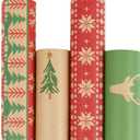 LaRibbons Kraft Christmas Wrapping Paper Set, 30 Inch X 10 Feet (4 Rolls: 100 Sq. Ft. Ttl) Snowflake, Green Tree, Deer Antlers and Gift Box Shapes Design for Xmas, Party, Holiday, Celebration