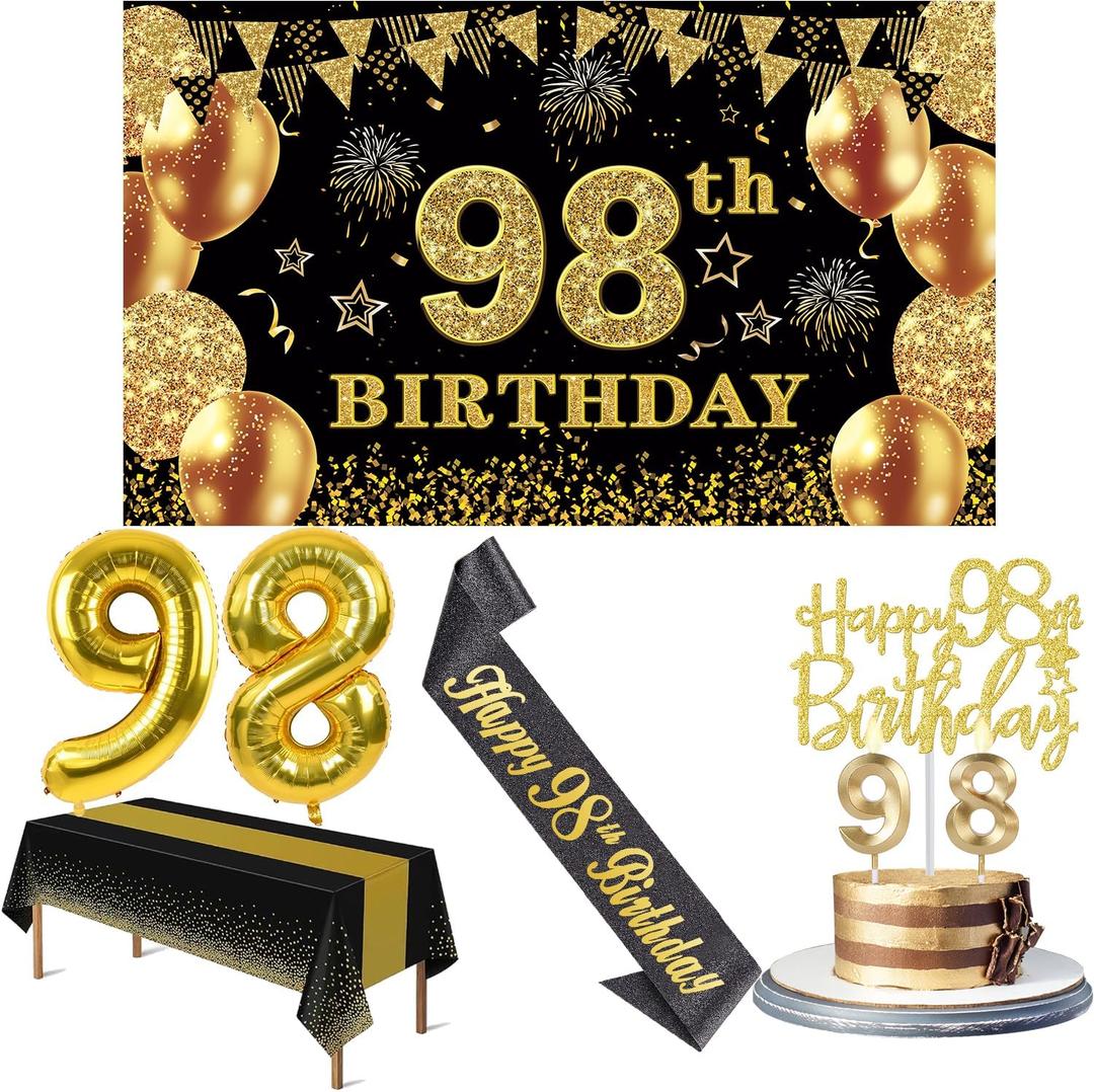 98th Birthday Decorations Men Women with 98th Birthday Banner, Black and Gold Table Cloth, Number Balloons, Large Sash, Cake Topper and Candles