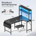 PRAISUN 43.3" L Shaped Gaming Desk with Power Outlets & USB-C Port, LED Lights, Computer Desk with Pegboard, Corner Desk with Storage Shelves & Bag, Office Desk with CPU Stand for Home Office, Black