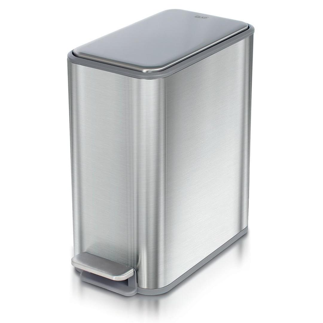 Glad Slim Bathroom Trash Can - Small Garbage Pail with Soft Close Lid & Step Foot Pedal | Narrow Stainless Steel Waste Basket with Removable Inner Bucket, 2.6 Gallon