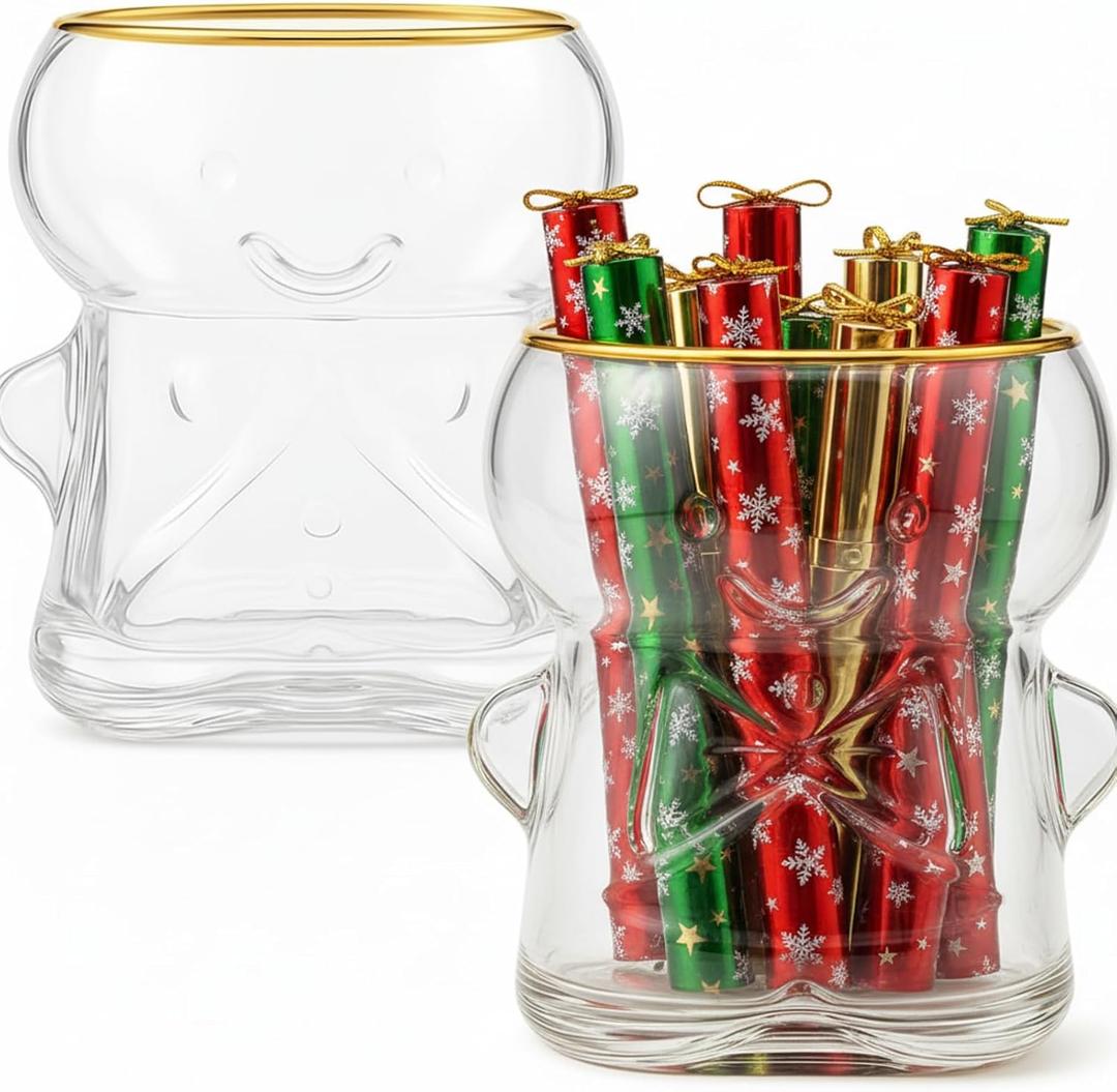 2 Pcs Christmas Gingerbread Man Drinking Glasses, 20oz Christmas Gingerbread Man Clear Glass Mug Novelty Stemless Glass with Gold Rim Xmas Creative Coffee Milk Juice Cup for Party Supply