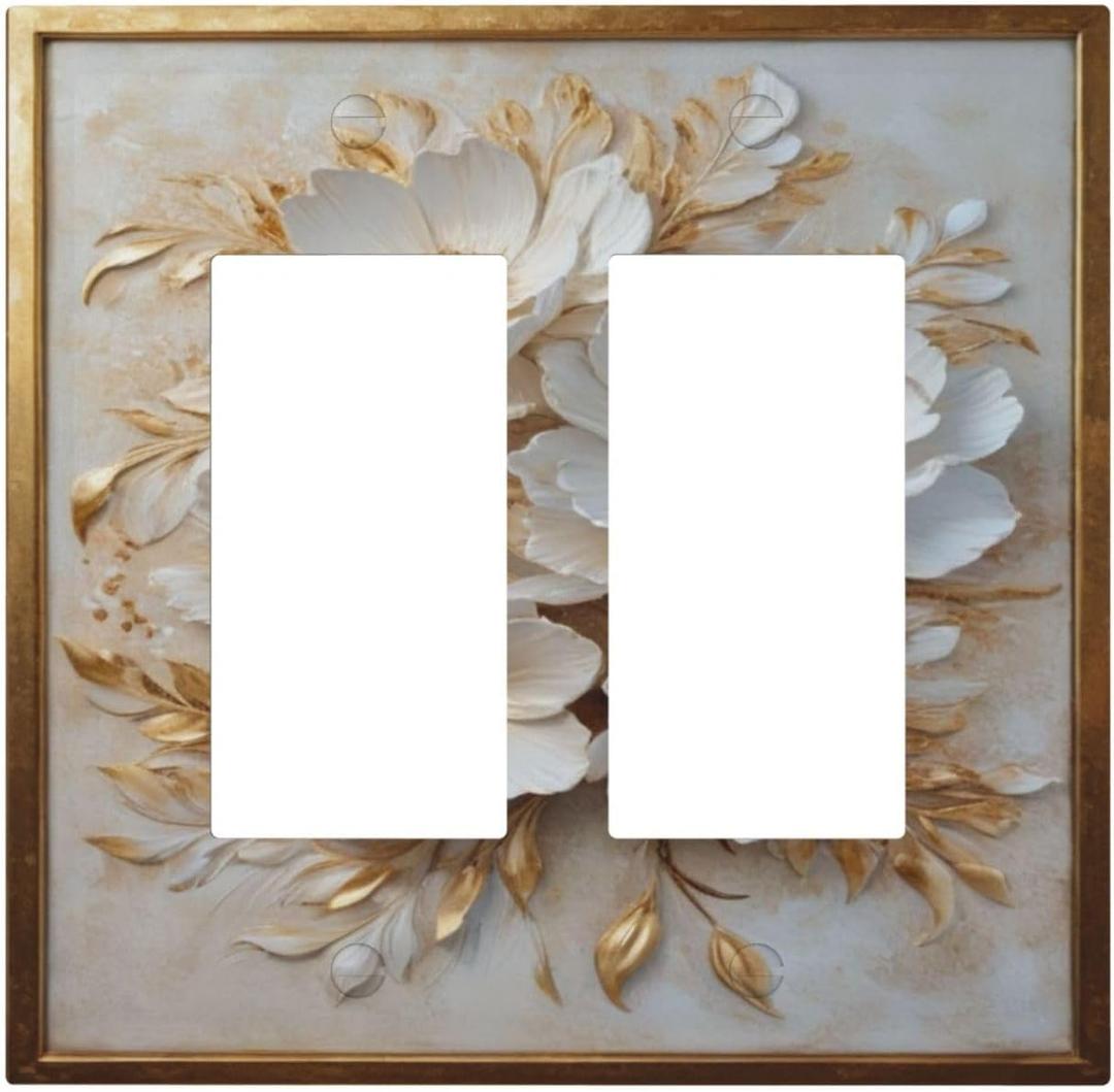 Decorative Art Light Switch Covers Elegant Gold White Floral 2 Gang Dual Rocker Outlet Wall Plate Switchplate Electrical Faceplate for Home,BathRoom & Living Room Decor