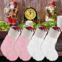Seematn 4 Pack 20" Pink and White Christmas Stockings Plush Faux Fur Soft Stocking Lovely Hanging Xmas Ornaments Candy Gift Bags for Christmas Stairs Fireplace Hanging Xmas Home Decorations