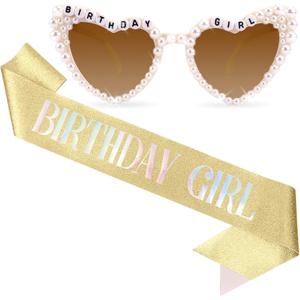 Birthday Sash & Glasses Set, Gold Birthday Sash for Women, Happy Birthday Decorations Outfits Accessories Party Favors Set for Women