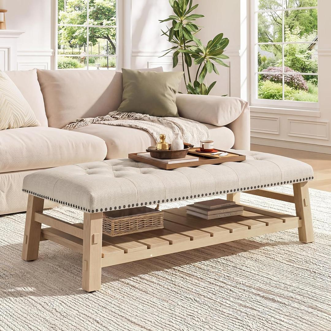 Merax 48" Large Rectangle Linen Blend Ottoman Coffee Table, Button Tufted with Slatted Storage Shelf, Upholstered Footstool Bench with Nailhead Trim & Solid Wood Legs, Seats for Living Room, Beige, 48"D x 26"W x 18.5"H